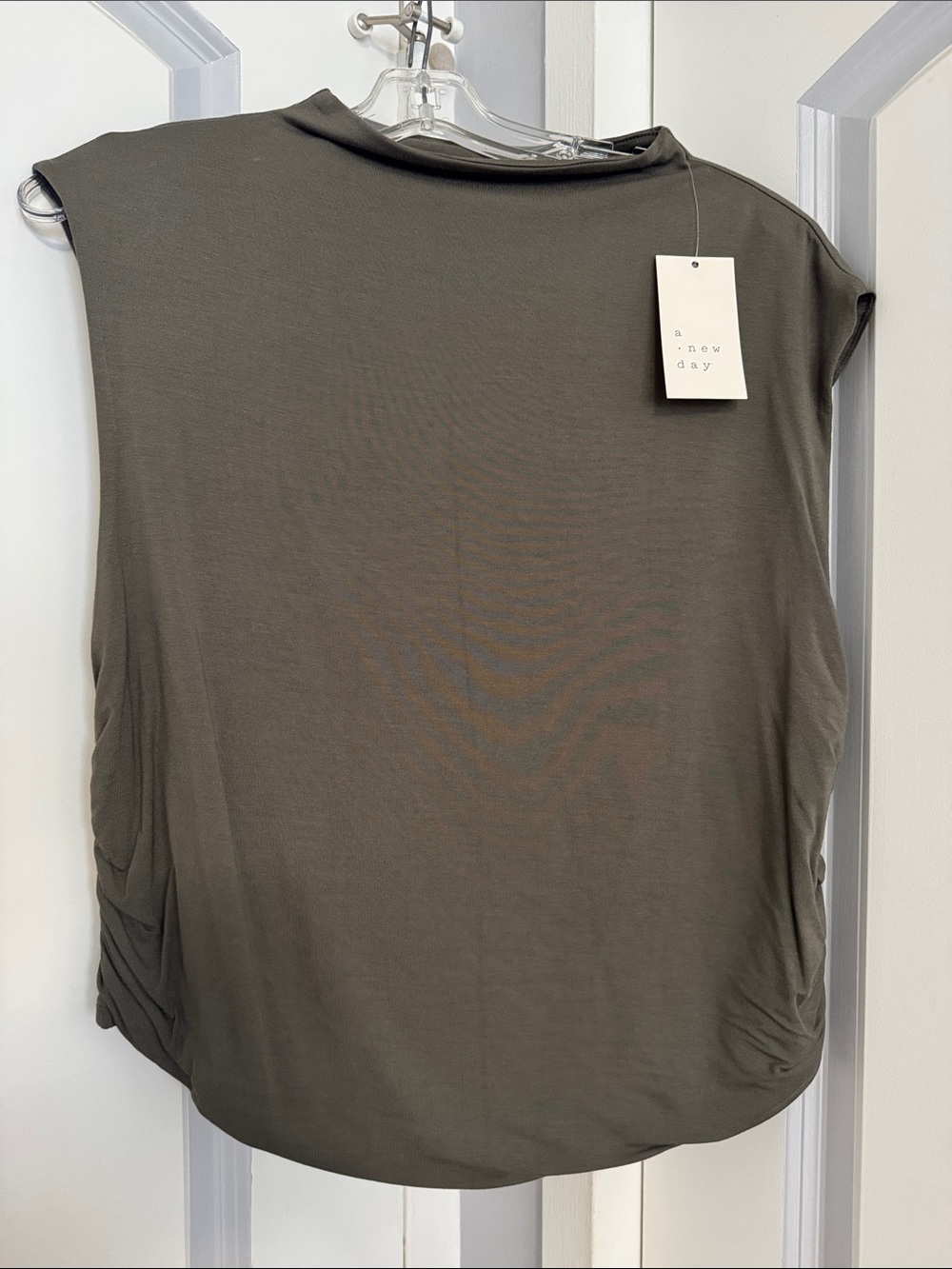 a new day Olive Green Mock Neck Sleeveless Top with Ruched Sides